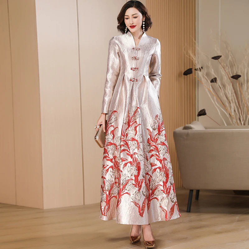 Women Luxury Long Sleeve Jacquard Dress Floral Long Dress Girls Evening Events Party Dress Chinese Women Luxury Long Sleeve Jacquard Dress Floral Long Dress Girls Evening Events Party Dress Chinese