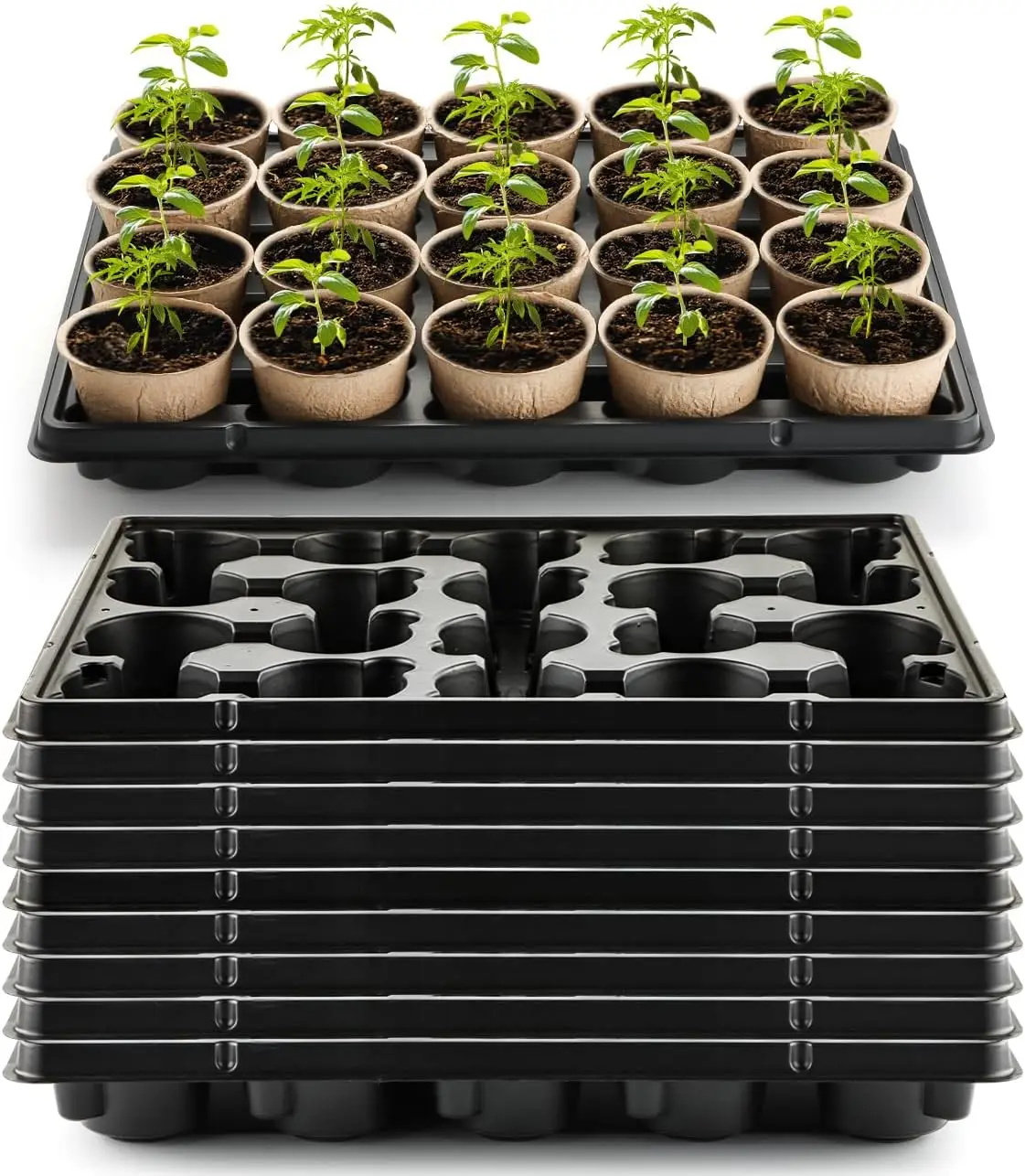 

20 Cell Plant Trays for Carrying 3 inch Round Nursery Pots, Sturdy Plastic Trays Suitable for Holding 200 pcs Peat Pots (10 Pack