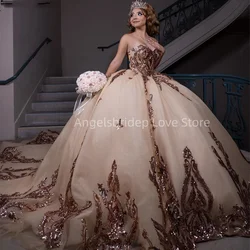 ANGELSBRIDEP Customized 2025 Champagne Ball Gown Quinceanera Dresses Rose Gold Appliques Evening Party Dress Vestido De 15 Años