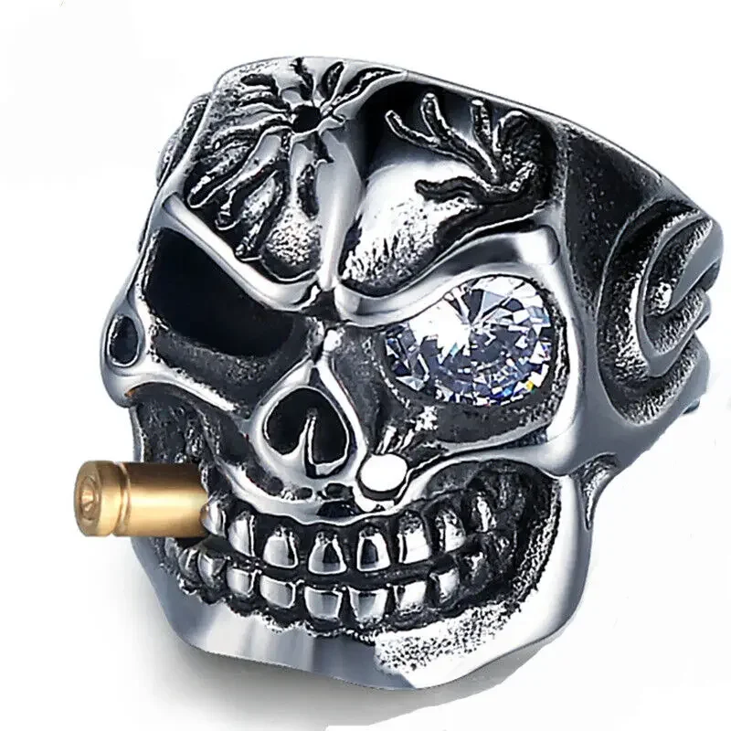 Gothic Skull Smoking Bullet, Stainless Steel Rings for Men's Sizes 7-15
