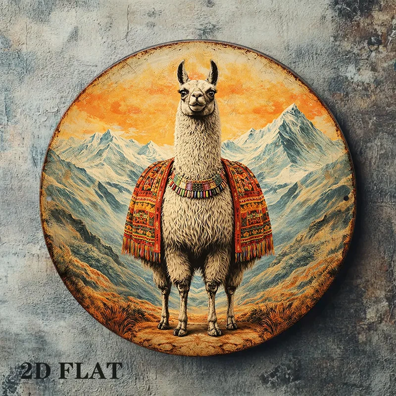2D Flat - 1pc 8 X 8 Inches/20 X 20 Cm 2D Flat Circular Aluminum Sign, Vintage Aluminum Plaque about Alpaca, Andean Mountain Styl