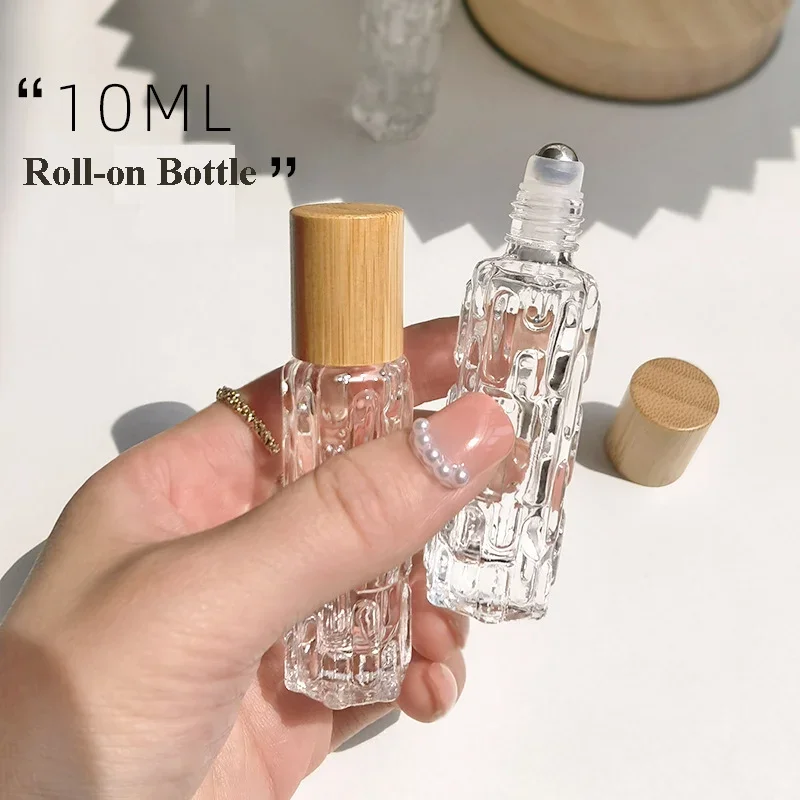 10ml Bamboo Lid Glass Roller Bottle Steel Ball Anodized for Travel Aluminum Lid Essential Oil Rolling Ball Bottle Empty Bottle