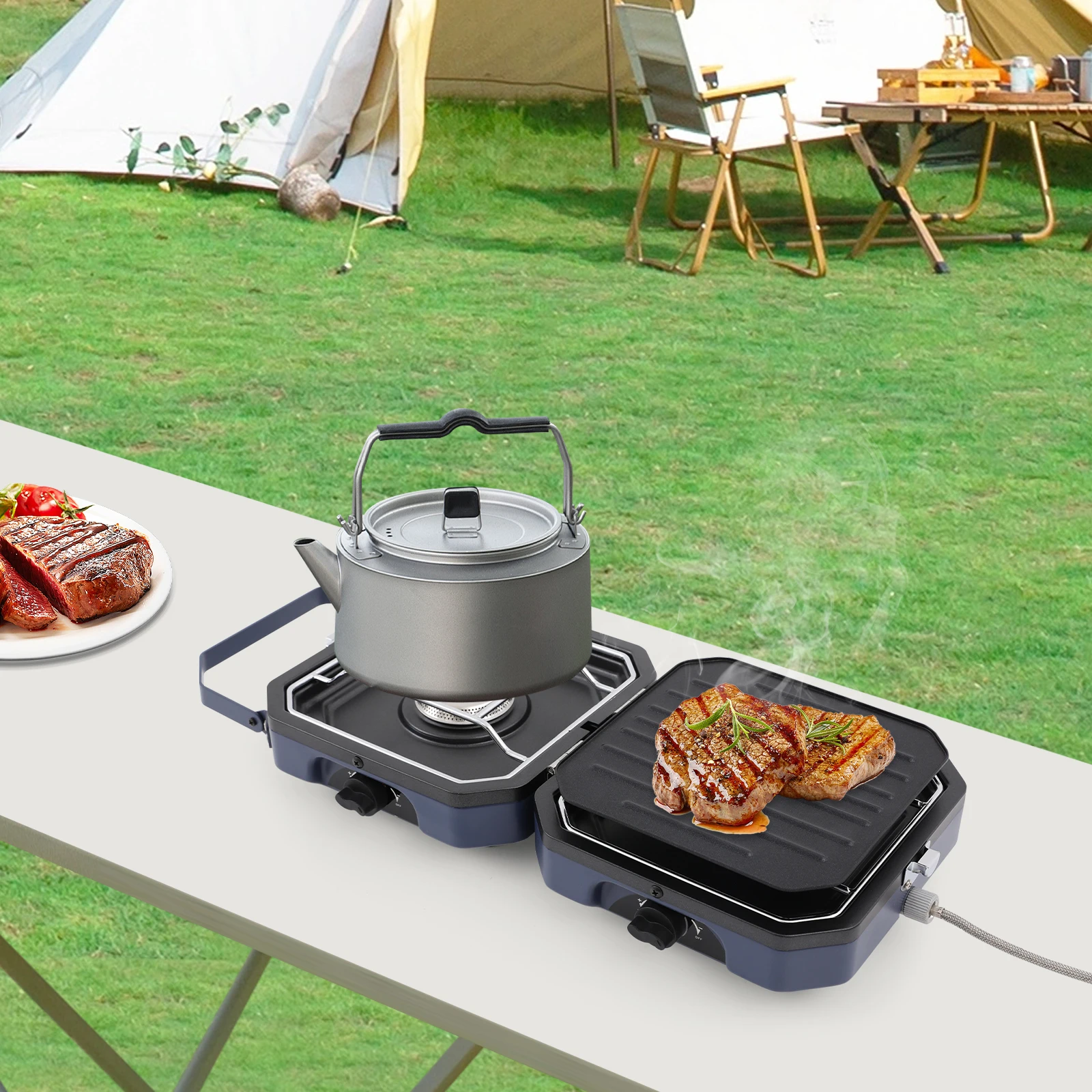 Réchaud de camping pliable à 2 brûleurs 2,3 + 2,3 kW, poêle portable avec poêle à gril, norme européenne pour le camping, le barbecue