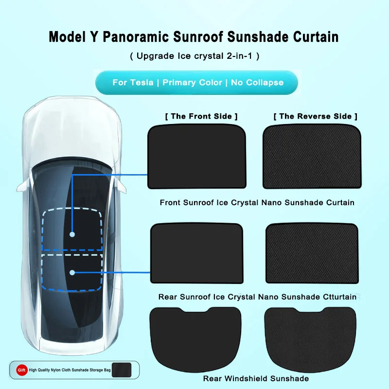 【Zwart】Tesla Model Y Upgrade Ice Crystall Namo Zonnedak Achterruit Zonnescherm Geen Instorten Silver Dot Zon- en UV-bescherming