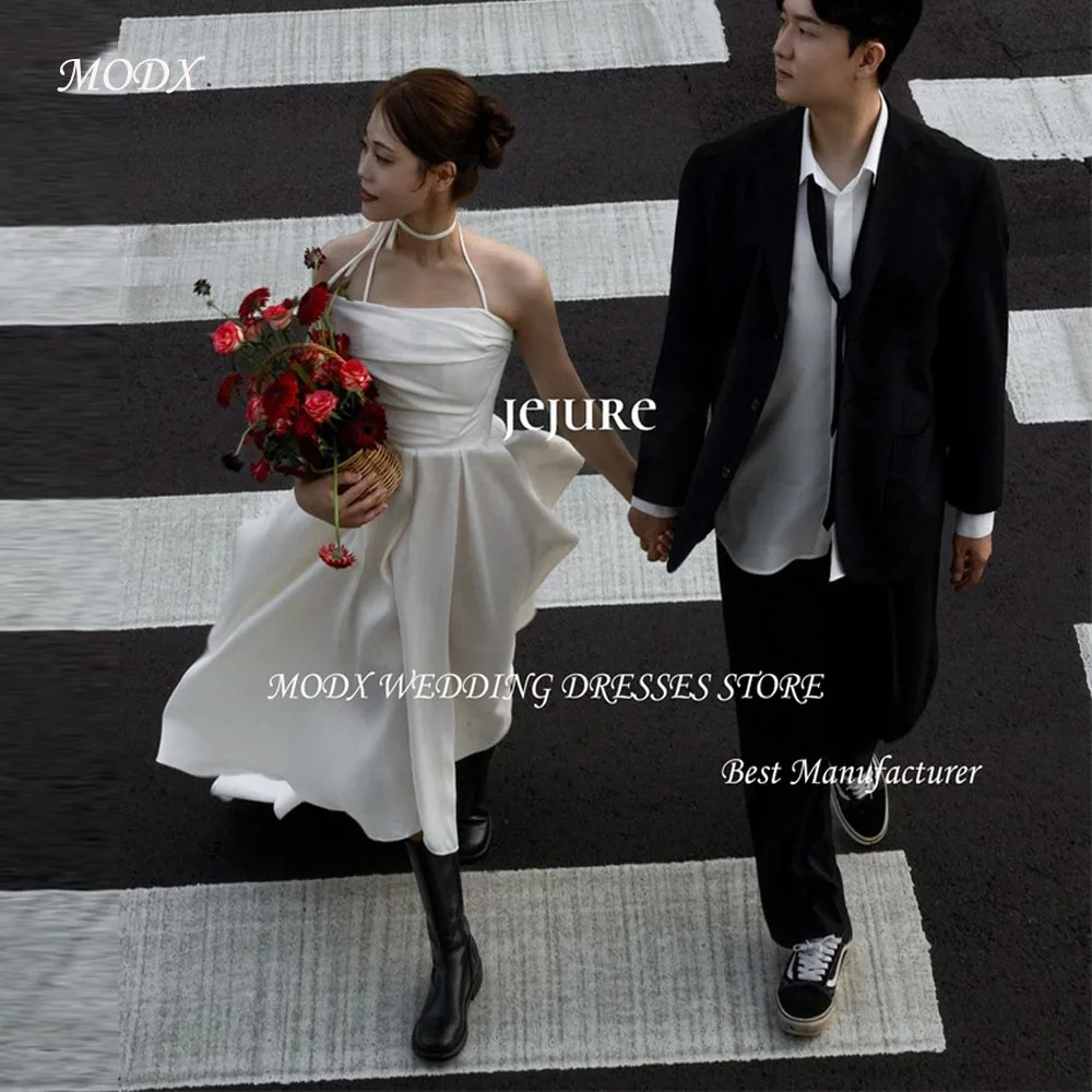 MODX 2025 Simple A Line Taffeta Korea Wedding Dresses Photo shoot Silk Tea Length Country Bridal Gowns Corset Back Elegant
