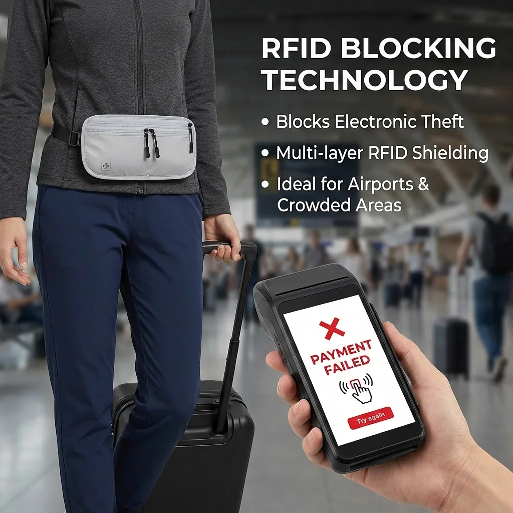 Premium RFID Blocking Travel Waist Pouch, Multi-Wear Anti-Theft Bag Durable Ripstop Fabric Waterproof Zippers