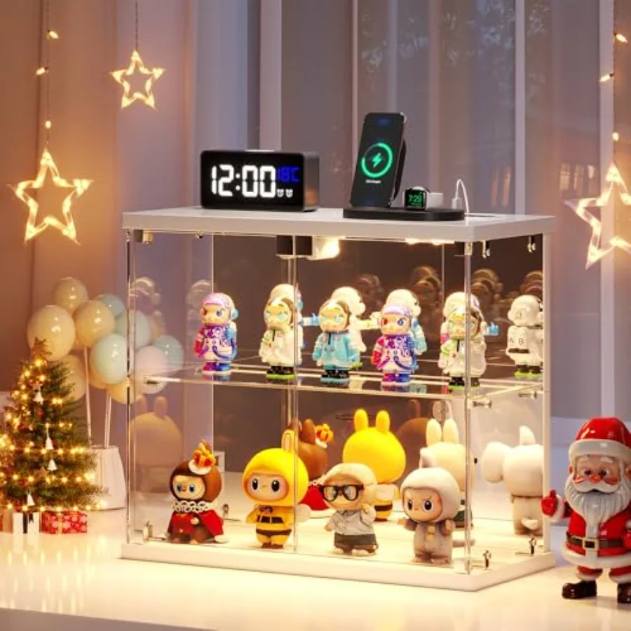 

Lighted Clear Glass Display Case - for Figures and Collectibles, Small 2-Tier Display Cabinet with Charging Station, LED Displa