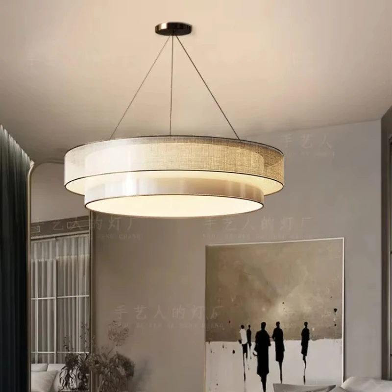 New Chinese Style Circular Chandelier Living Room Bedroom Study Dining Room Lamp Zen Room Engineering Fabric Lighting Fixtures