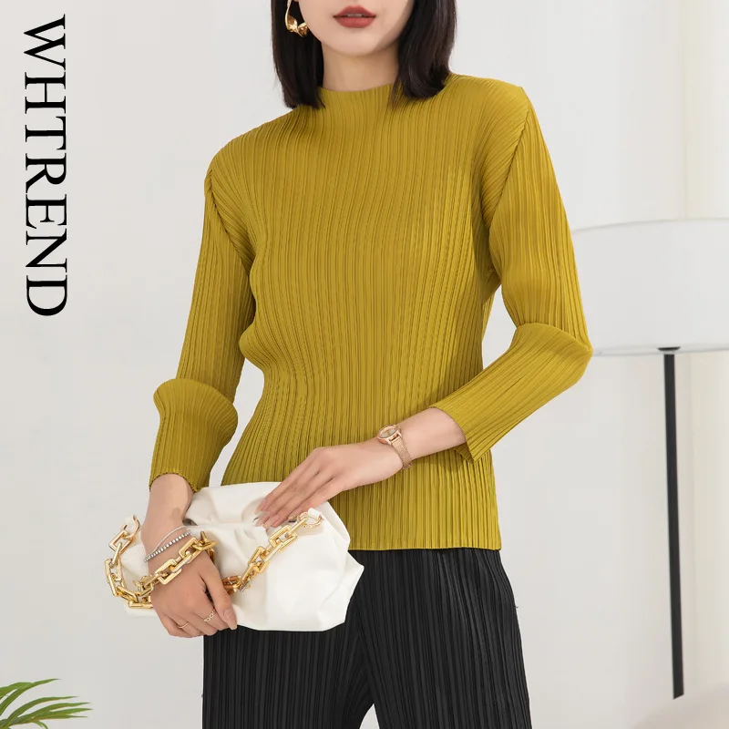

WHTREND Long Sleeve T-Shirt For Women Spring Autumn New Half High Neck Solid Color Pullover Loose Versatile Pleated Shirt WH1309