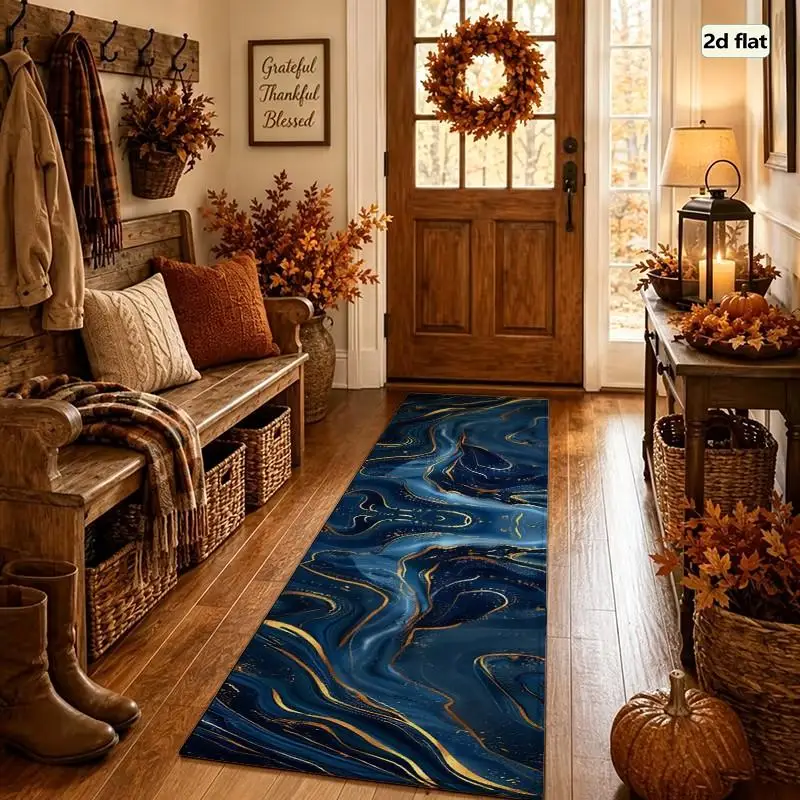 1PC Blue Gold Marble Abstract Running Rugs, Hallway Rugs, Washable And Easy-to-maintain Home Decoration Carpet, Suitable For Hallways, Passages, Stairs, Bedrooms, Bedside, Laundry Rooms, Kitchens Etc