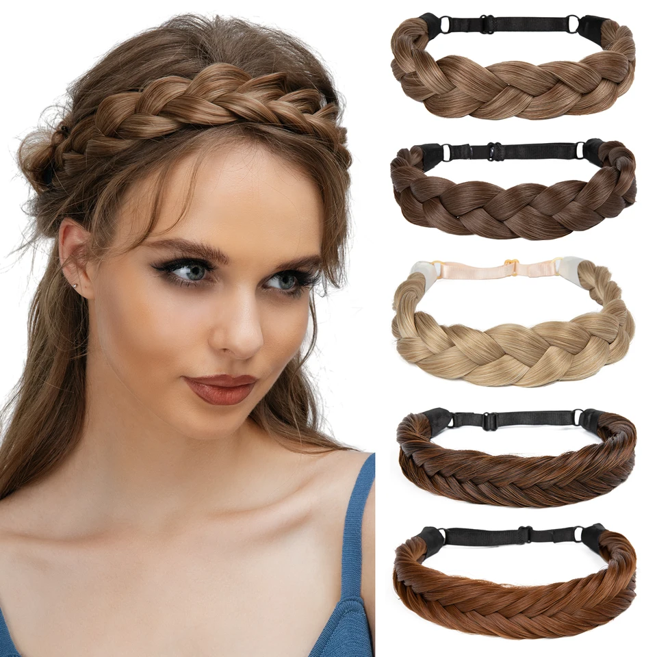 Cinta para el cabello trenzada sintética premium ajustable hecha a mano, diadema para mujer