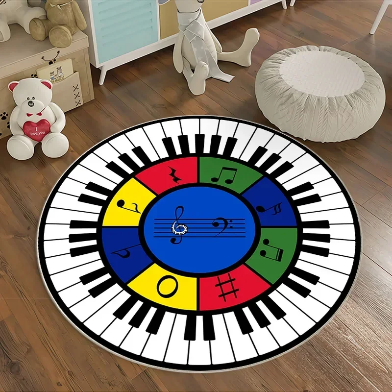 ~O~Colorful Piano Keyboard Round Rug – Musical Notes & Symbols Play Mat for Kids’ Room & Home Decor