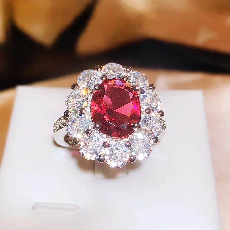 New Quality Luxury Group Zircon Red Tourmaline Opening Ring Female 925 Silver Fashion Jewelry Party Gift