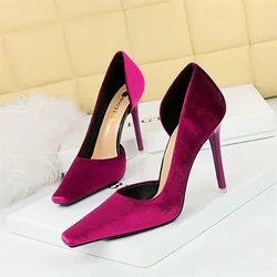 Women High Heels Fashion Elegant Velvet Pumps Pink Green Purple Wedding Bridal Shallow Mouth Square Toe Evening Party Shoes