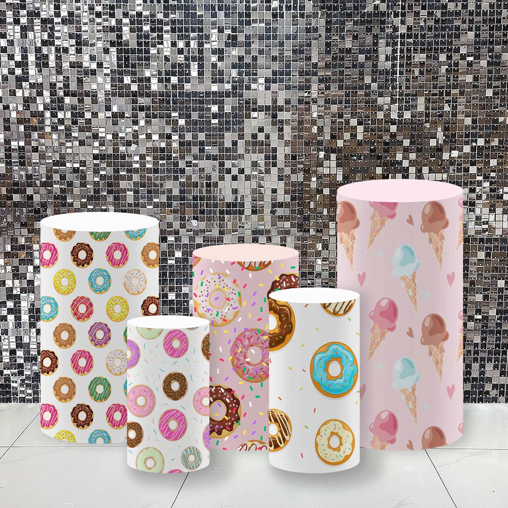 5set/Unit  Doughnut Icecream Theme Pedestal Covers for Birthday Parties Elastic Cloth Table Covers for Baby Shower Props