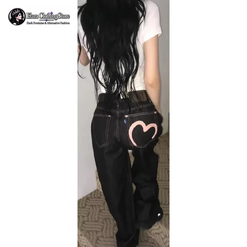 Elara Oversized American Y2K Style Women's Jeans Loose Jeans 2026 New Grunge Heart Pocket Retro Straight Leg Wide Leg Pants