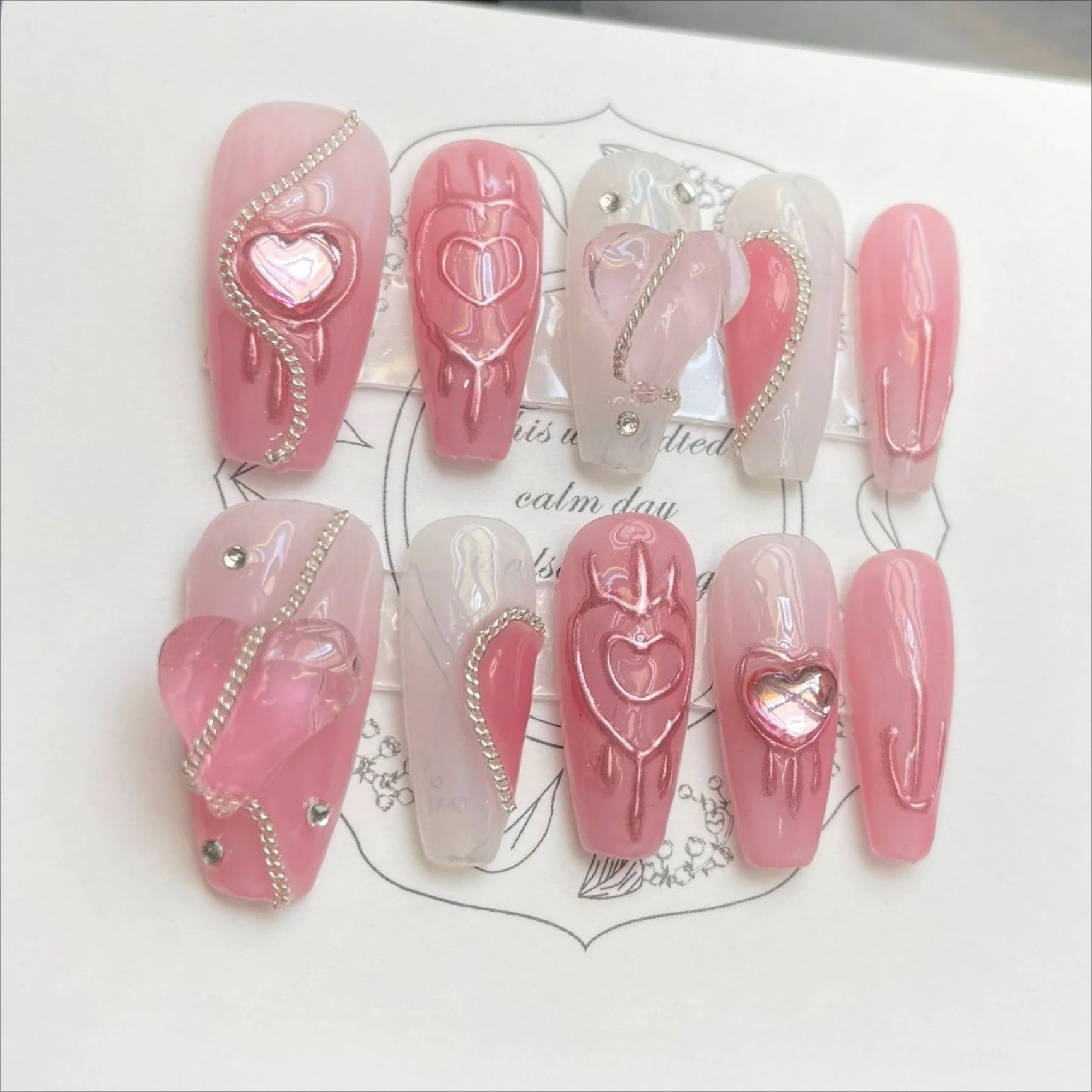 10Pcs Pink Coffin Handmade Press On Nails 3D Rhinestone Fake Nail with Butterfly Full Cover Pearl Wearable Artificial Nail Tips