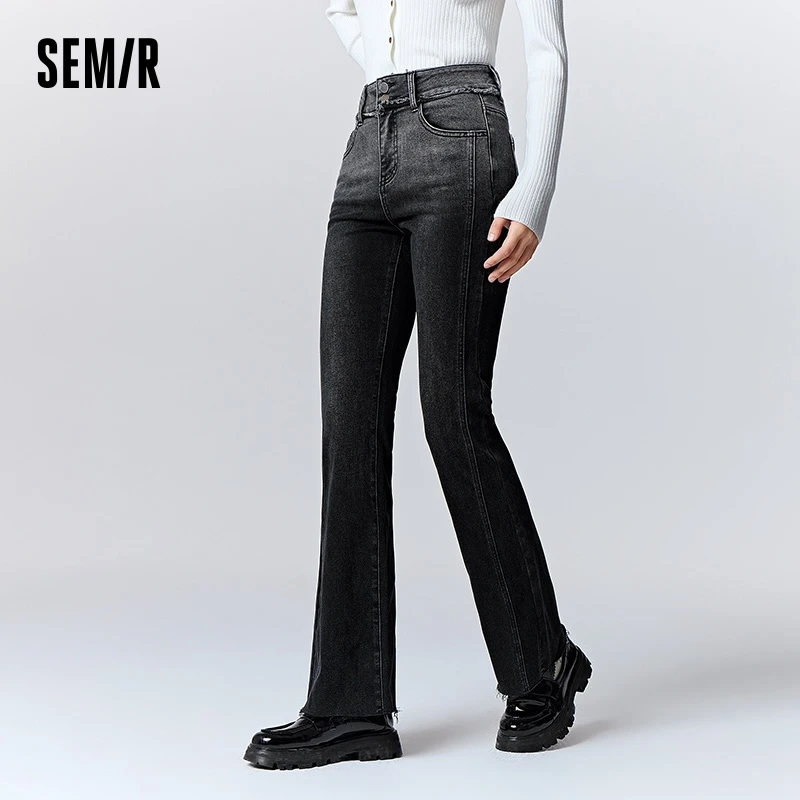 Semir Jeans Women High Waist Gradient Raw Edge Fleece Pants 2023 New Winter Fashion High Flared Pants