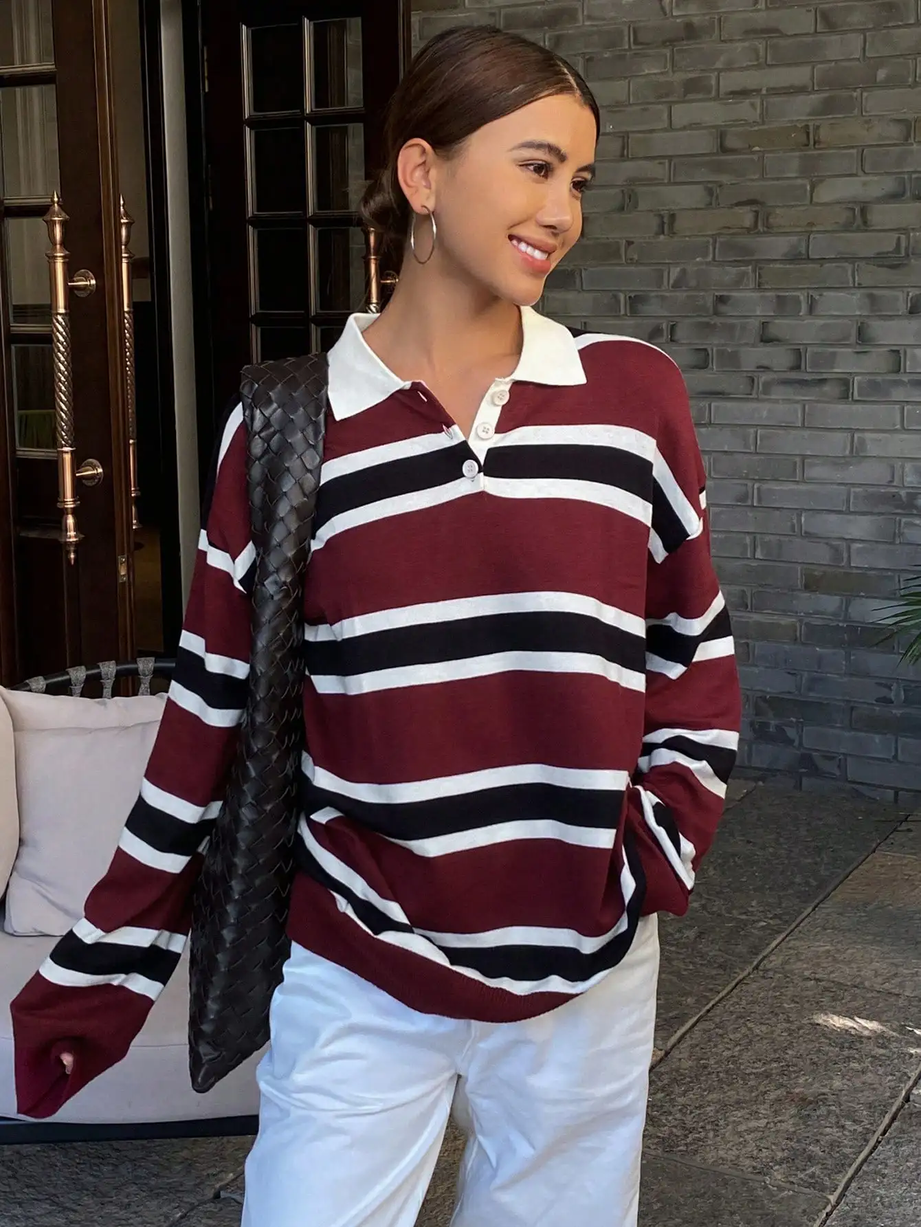 

Свободный свитер с длинными рукавами и воротником-поло в полоску для женщин, бордовый, белый, черный