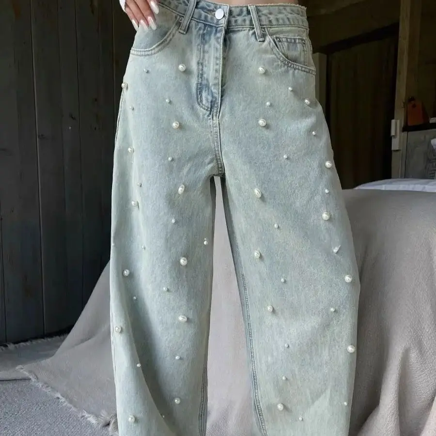 Losse En Modieuze Jeans Baggy Vintage 2024 Nieuwe Denim Broek Parels Cowboy Broek Esthetische Trashy Oversized Kleding