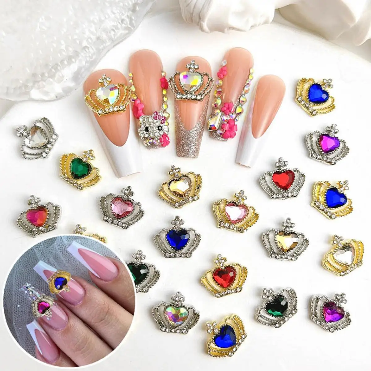 

10PCS 3D Alloy Exquisite Princess Crown Nail Charms Metal Inlaid Heart Rhinestone Nail Art Decoration Hair Clip DIY Accessories