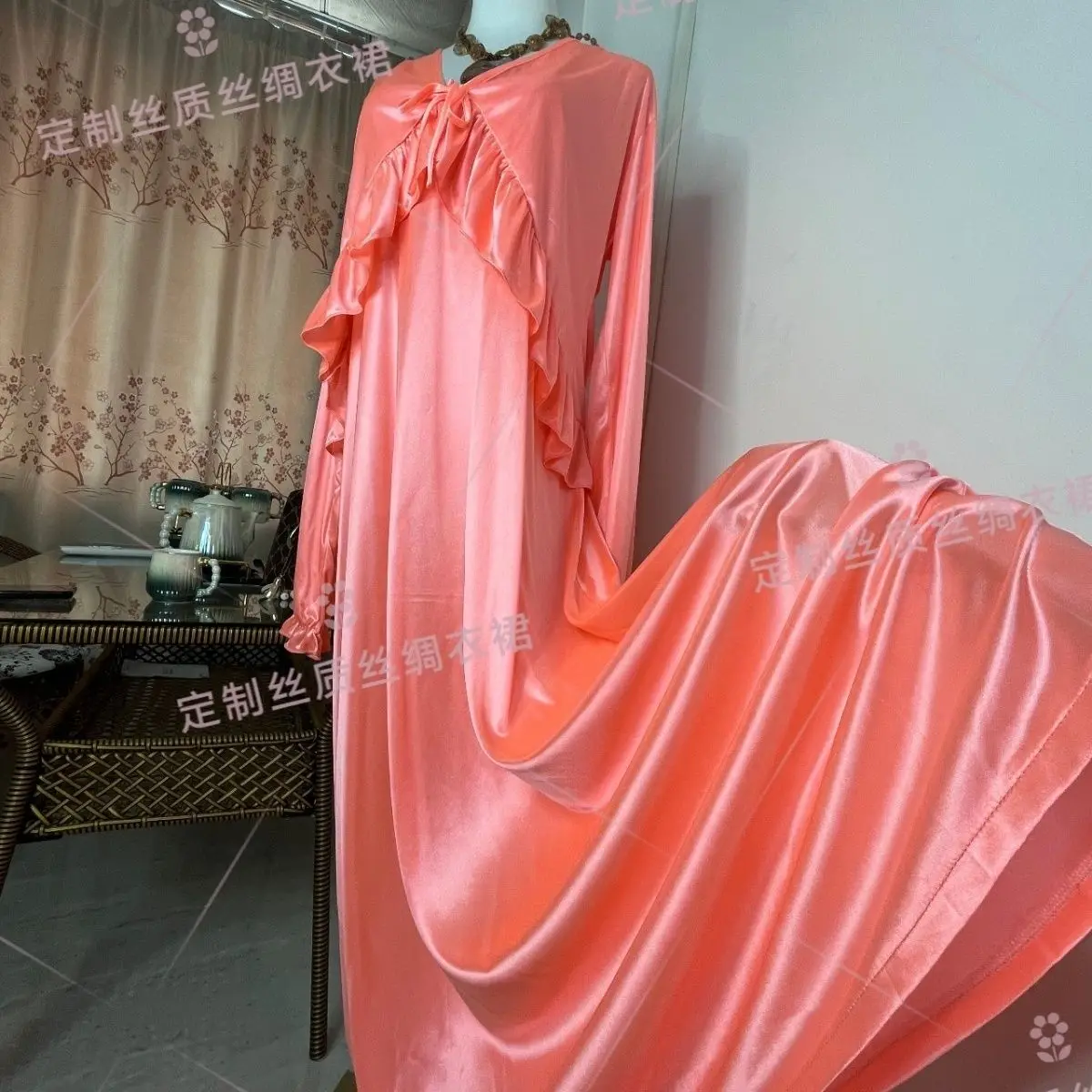 Glossy Ice Silk Sexy Women Ruffles Satin Long Sleeve Loose Maxi Dress Sleeping Robe