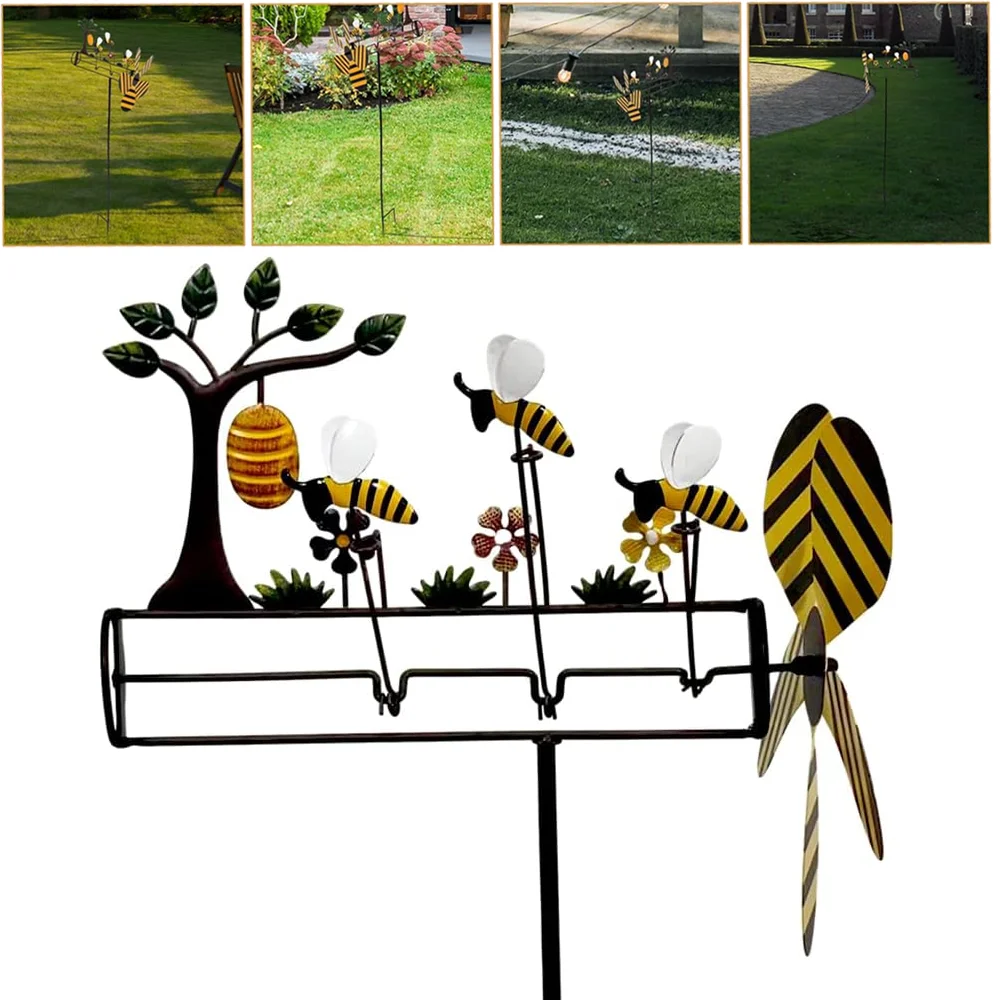 

Lovely Bee Whirligig Wind Spinner 3D Wind Powered Kinetic Sculpture Lawn Metal Wind Solar Spinners Yard and Garden Decor