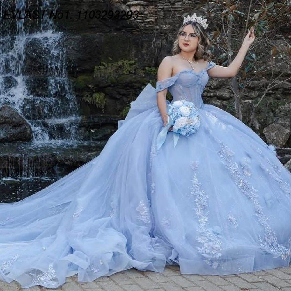 

EVLAST Customized Shiny Blue Ball Gown Quinceanera Dress Floral Lace Applique Beading Bow Sweet 16 Vestidos De 15 Anos E1QN22