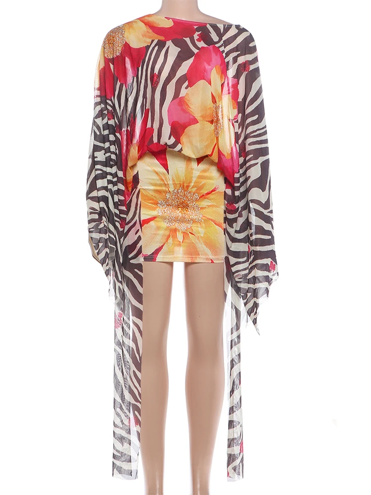 Weird Puss Leoparden-Blumendruck-Kleid für Damen mit Strassverzierung, schrägem Kragen, Fledermausärmeln, Mesh-Quasten, Street-Style, Mini, figurbetont – Detail 3