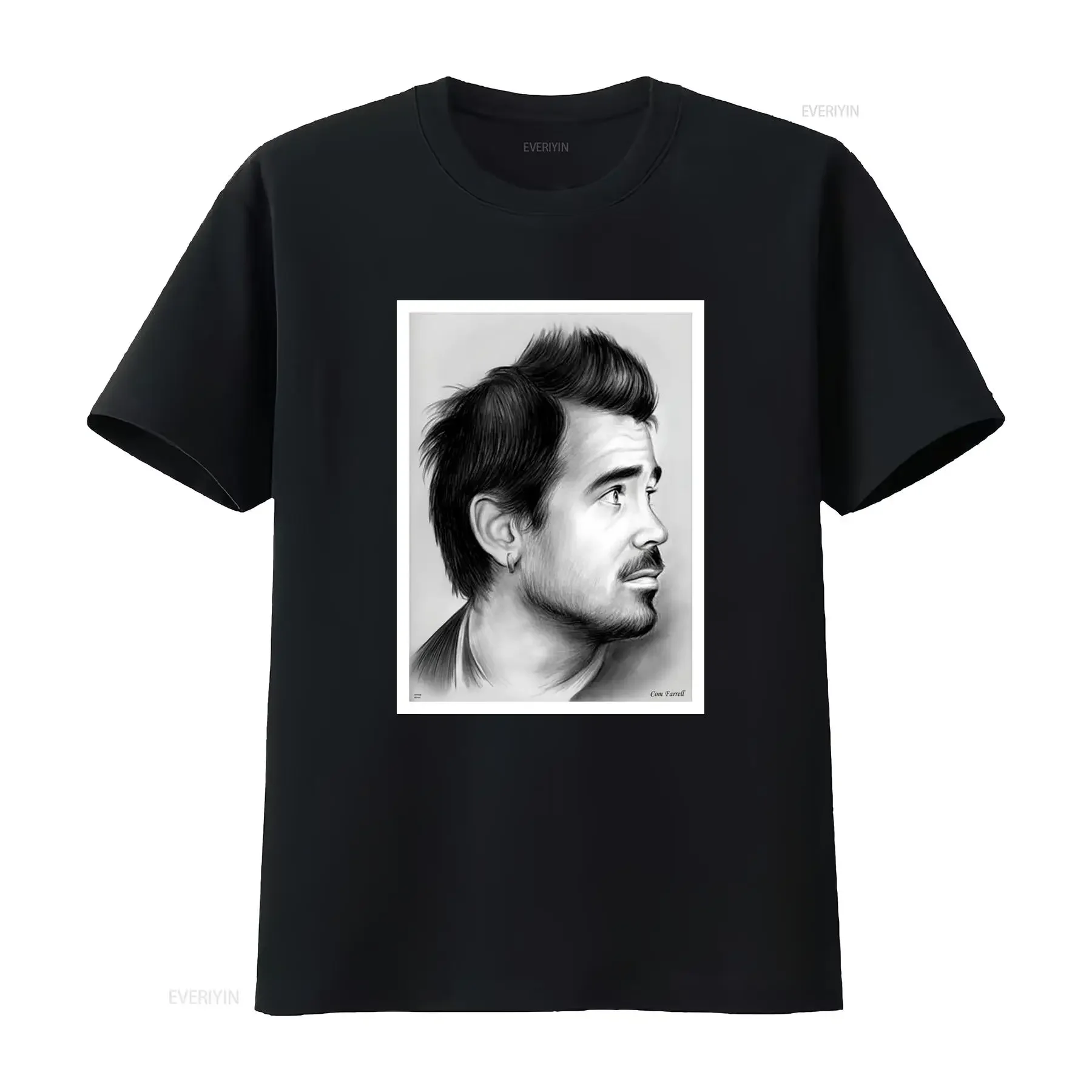 Realistic Sketch Black White Colin Farrell Celebrity Portrait Print Casual T Shirt vintage Washed Soft Stylish Stretched