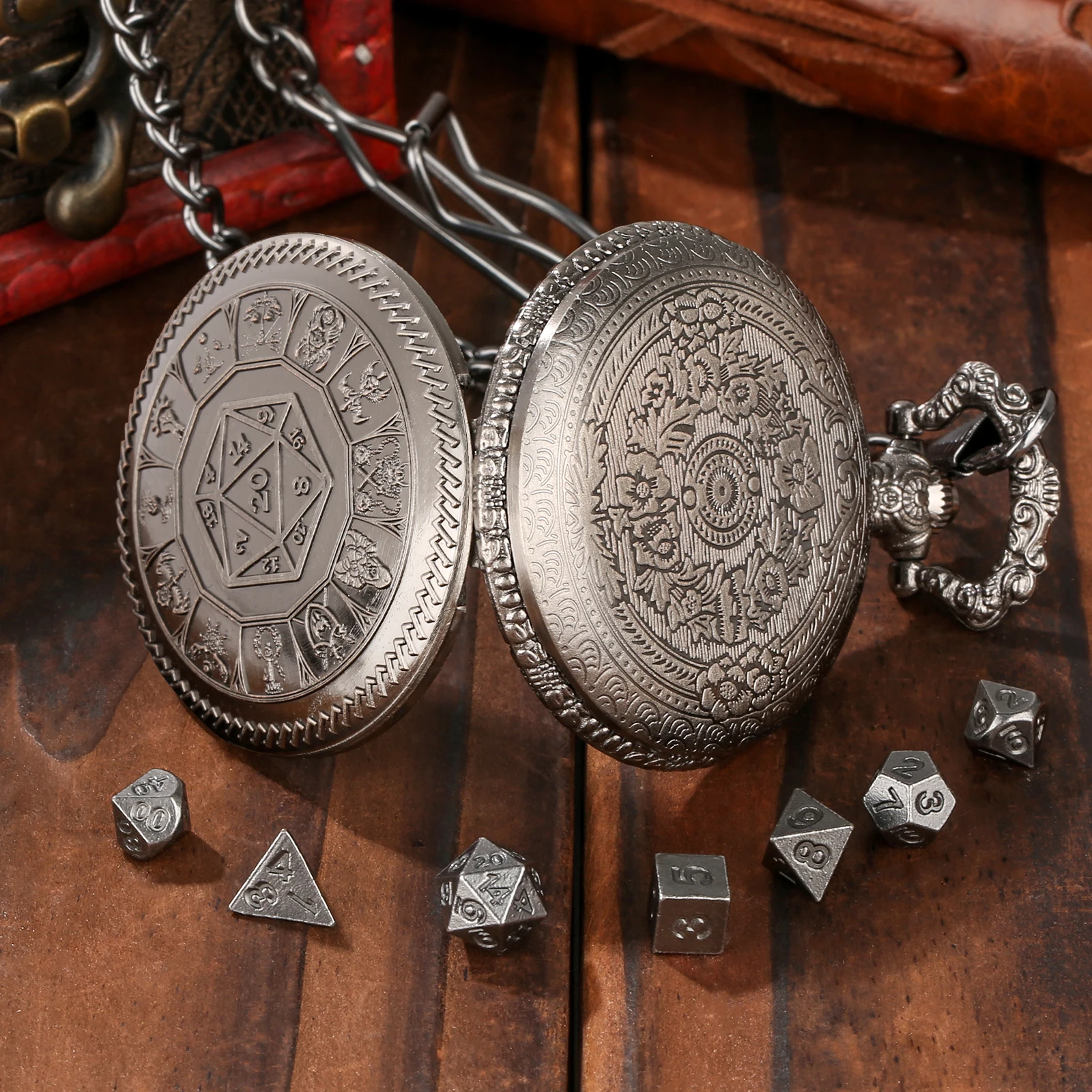 5pcs Metal D20 Polyhedral Dice Pocket Watch Case Mini Dice Set Vintage Fob Chain Pendant Gift for Role-playing Game Lovers - view 5
