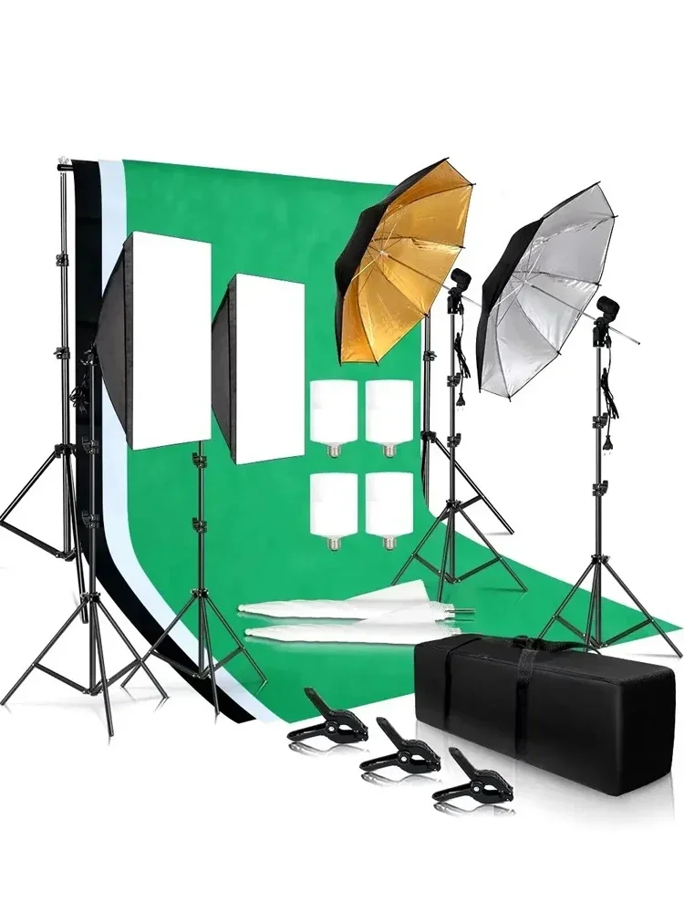 Fotografie Fotostudio Softbox Verlichtingsset Met Achtergrondframe 3 Stuks Achtergronden Statief Reflectorplaat 4 Parasols - afbeelding 2