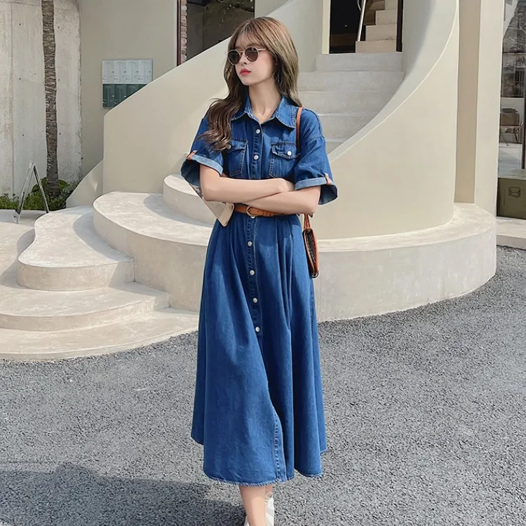 Casual Women Denim Dress 2024 Elegant Fashion Short Sleeve Turn-Down Collar Single Breasted High Waist Vintage Dress Female