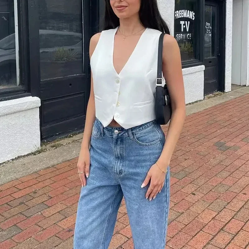 TRAF Short Women Vest Top V-Neck Sleeveless Button Lady Waistcoat New In 2024 Spring Summer Fashion Elegant Office Lady Top image 3