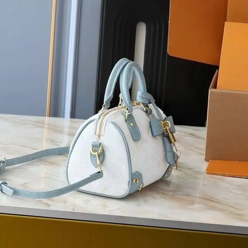 Two-Tone White Light Blue Croc Leather Mini Boston Bag, Bow Decor Gold Lock Key Rivet Detail Detachable Cross Strap Handbag.