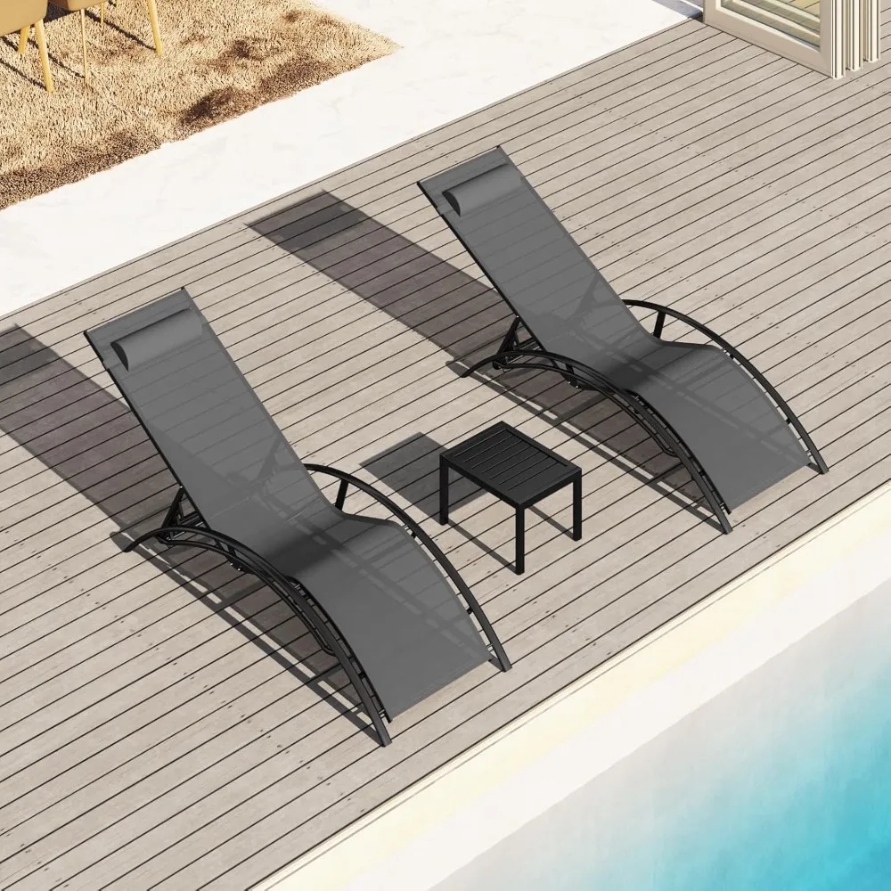 

Outdoor Chaise Lounge Set of 3,Patio Textilene Lounge Chairs w/Metal Table&Headrest,Sunbathing Recliner w/5 Adjustable Backrest