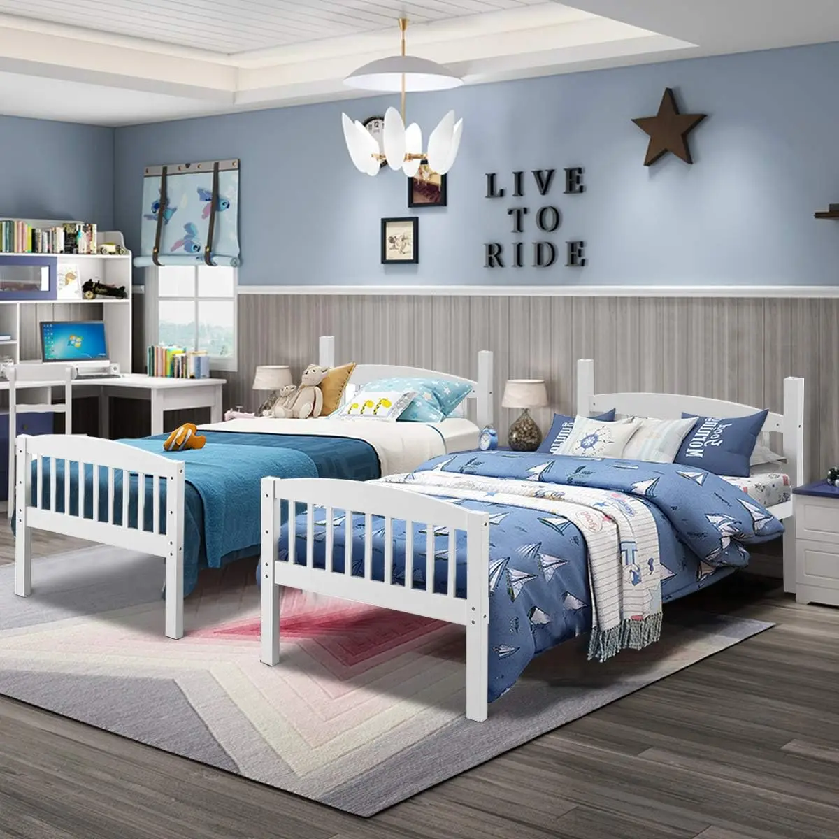 

Twin Over Twin Bunk Beds, Convertible Into Two Individual Solid Rubberwood Beds, Children Twin Sleeping Bedroom Furniture