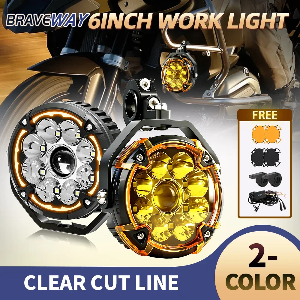 Projecteur de travail LED rond Braveway 6 pouces, faisceau combiné haut/bas, DRL ambre avec masque jaune et noir, câblage inclus, super lumineux, ligne de découpe claire