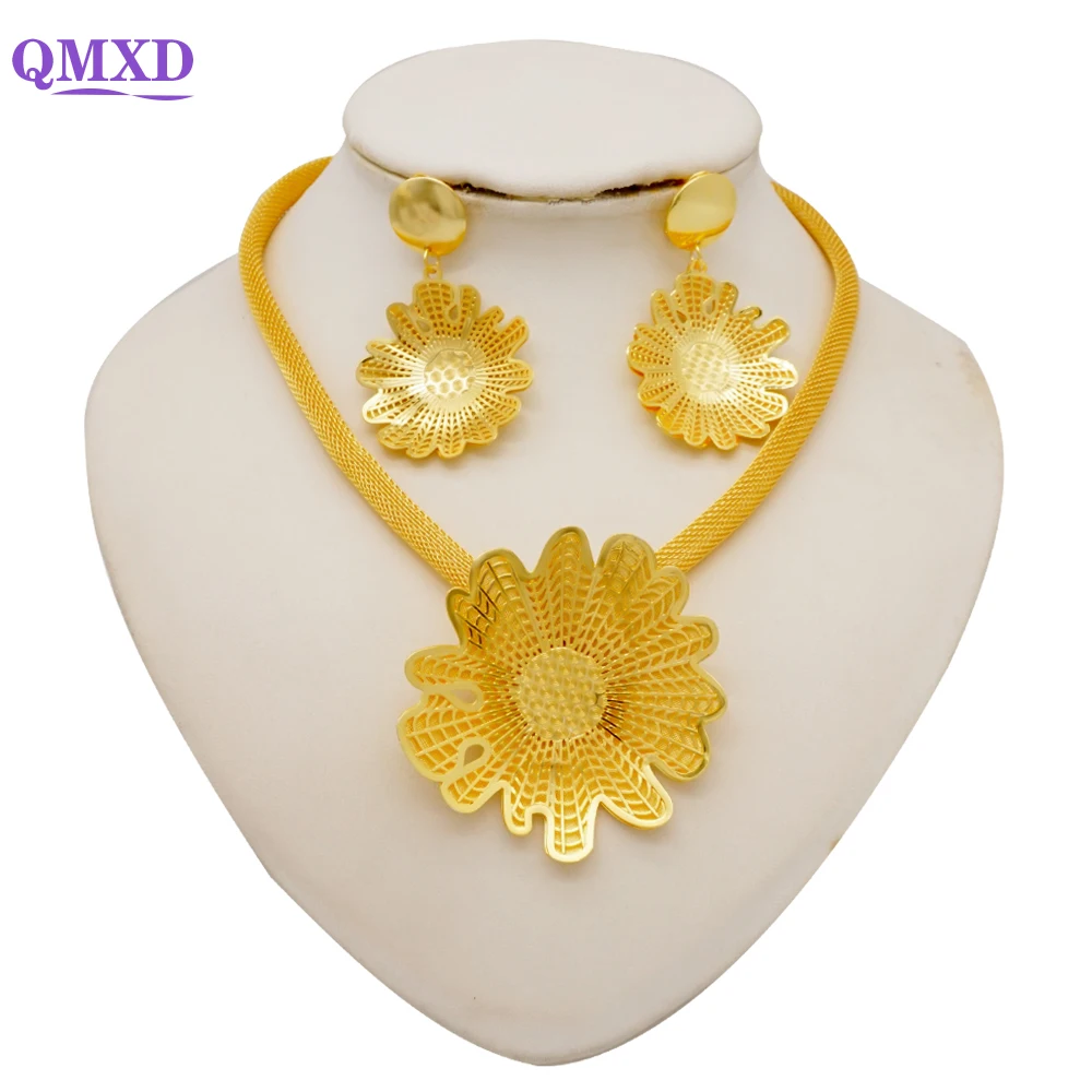 Fine Morocco Jewelry 2pcs Necklace&Earring Dubai Flower Necklace Sets African Gold Color Jewelry Sets Ethiopia Wedding Party Set