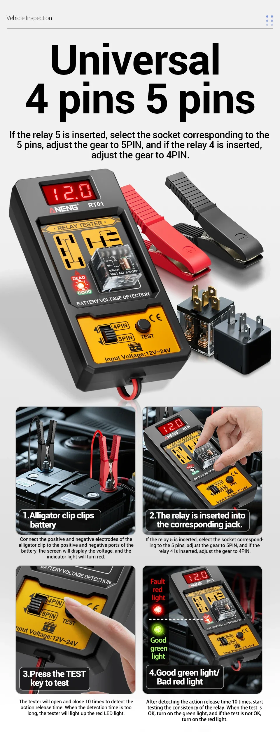 Auto Relais Tester Auto Relais Tester Spannung Tester ANENG RT01 11-25V LED Test Batterie Checker 4/5 pin Relais Analysator Reparatur Werkzeug – Detail 6