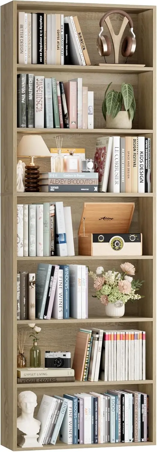 

Высокий книжный шкаф FACBOTALL 82 дюйма, 7-ярусный стеллаж с открытыми полками, отдельно стоящий стеллаж для хранения и демонстрации, высокий книжный шкаф для домашнего декора