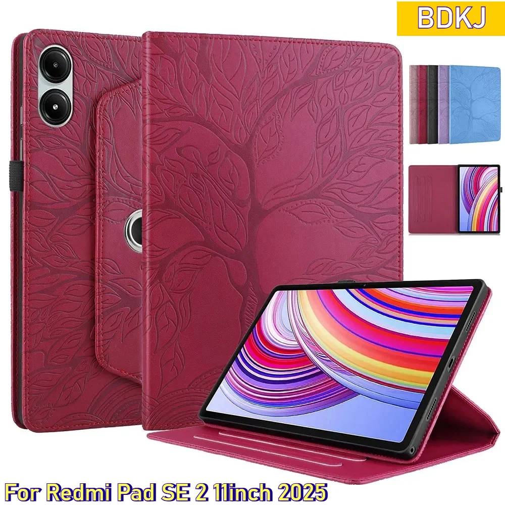 

Redmi Pad SE 2025 Новый чехол для планшета с тиснением 3D дерева из искусственной кожи для XIAOMI Redmi Pad 2 SE 11 дюймов 360 ° Поворотный кронштейн Funda
