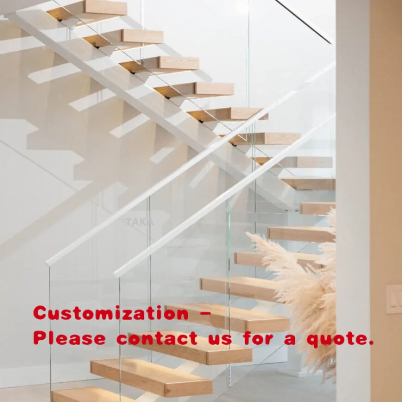 custom.Straight Stair Cantilever Staircase With Glass Panel Railing Solid Wood Steps Design Floating Stairway LED Stair