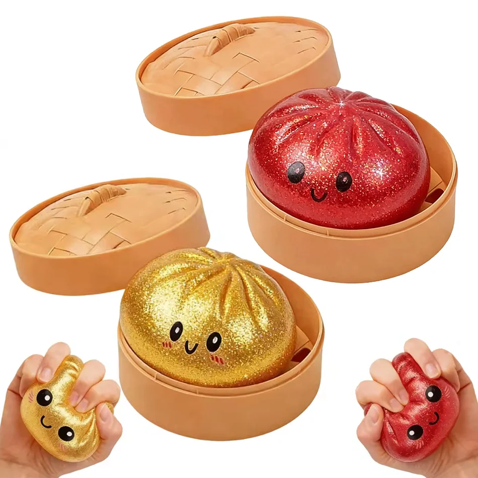 Hot Glitter Dumpling Squishy with Box Dumplings Sensory Squeeze Toy for Stress Relief Fans Gift Home Office Decorat