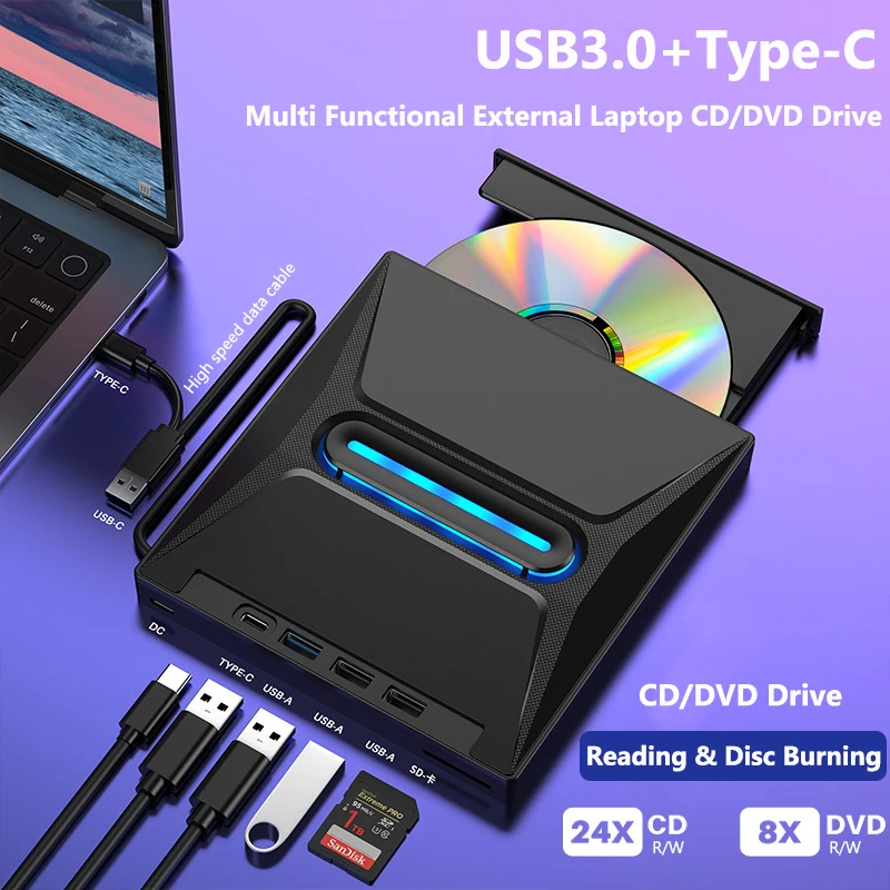 Portable USB 3.0 Type C External CD RW DVD Optical Drives Tray Type DVD Burner Recorder Reader Player for Laptop Notebook PC