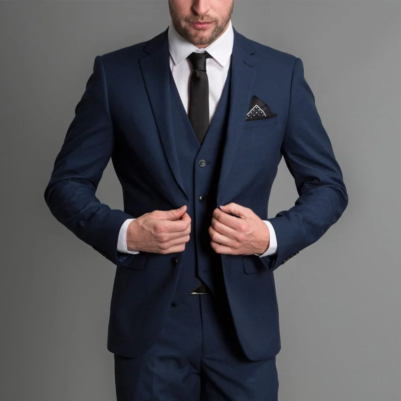 

Fashion Slim Fit Business Men Suits 3 Piece Navy Blue Wedding Tuxedo For Groomsmen Male Fashion Set Jacket Waistcoat With Pants