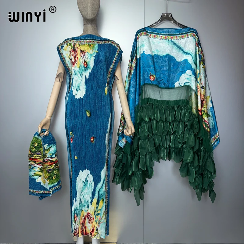 WINYI Boho Beach Pleated Slim Dress and Coat Two-Piece Suit for Women Bohemian Trab Woman Dresses Floor Length Vacation Top