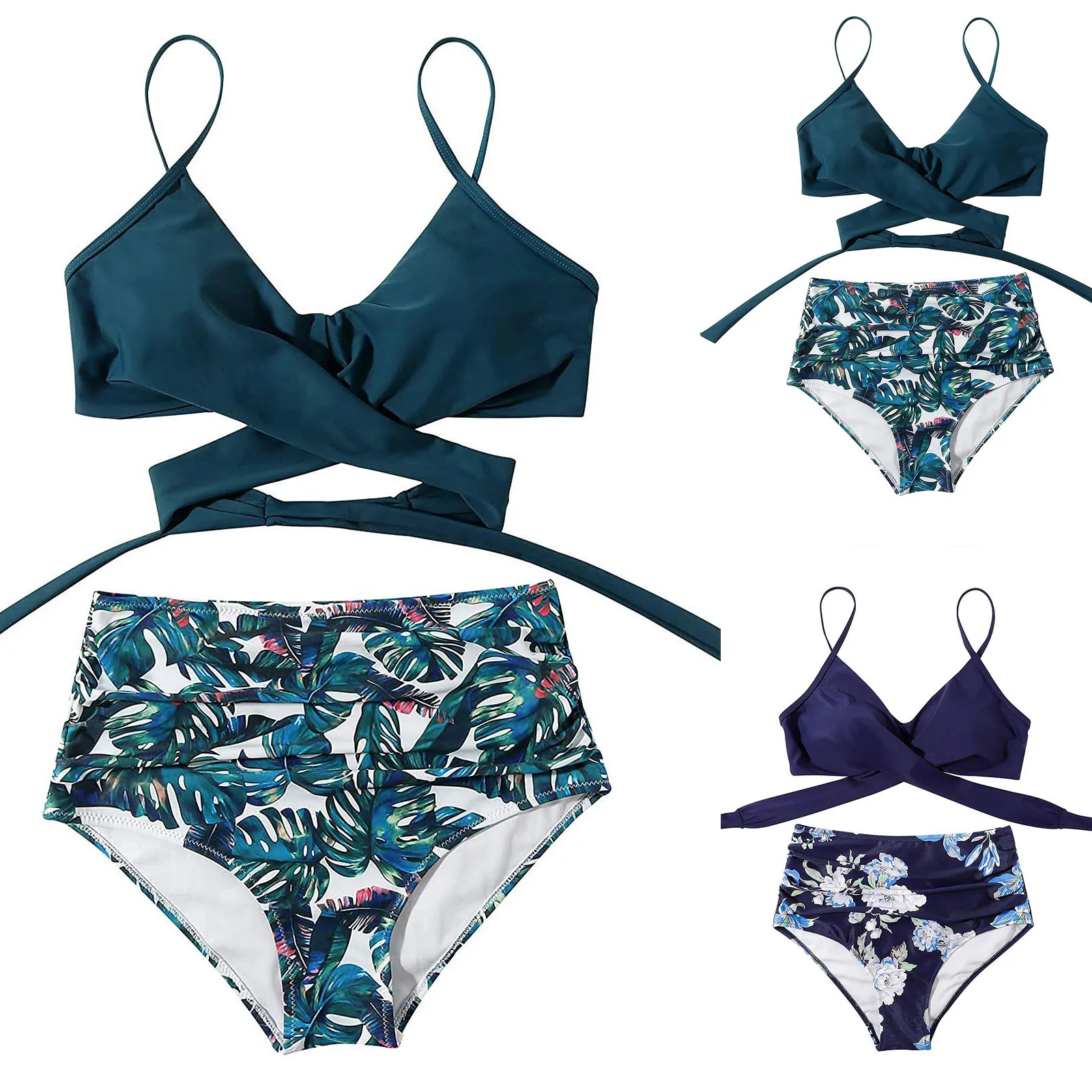 ملابس سباحة من قطعتين مطبوعة بالأزهار للنساء ، طراز الشاطئ ، متقاطع بخصر عالٍ ، بيكيني للمراهقات ،
