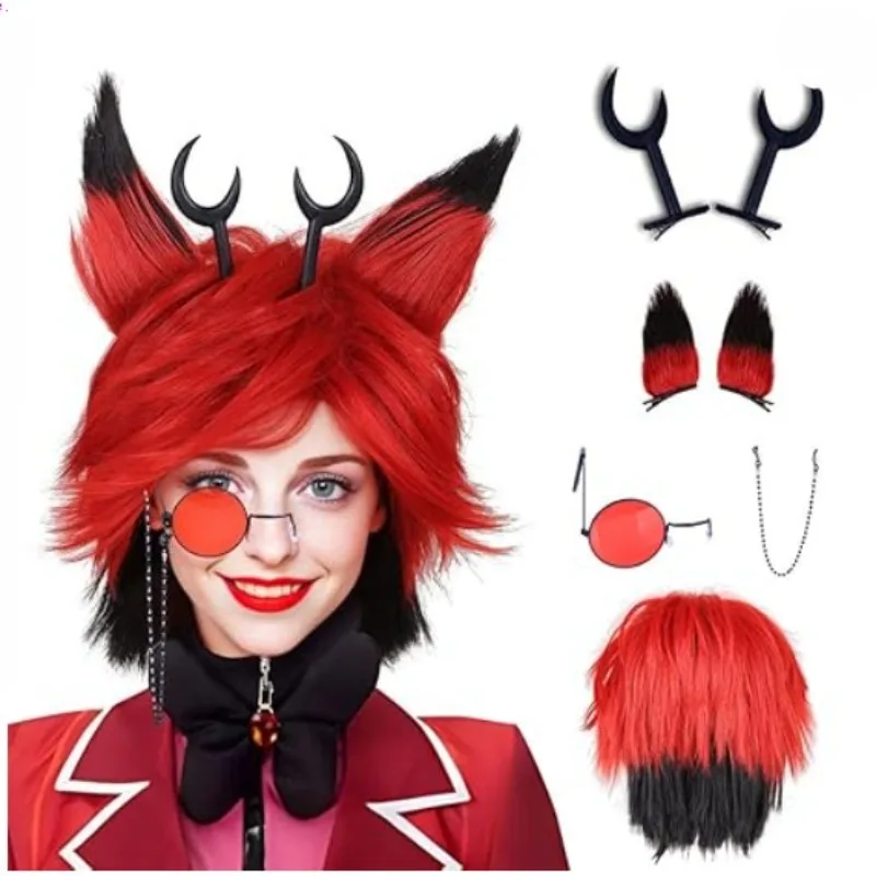 Short Red and Black Cosplay Wig with Devil Horns and Ears for Halloween and Cons