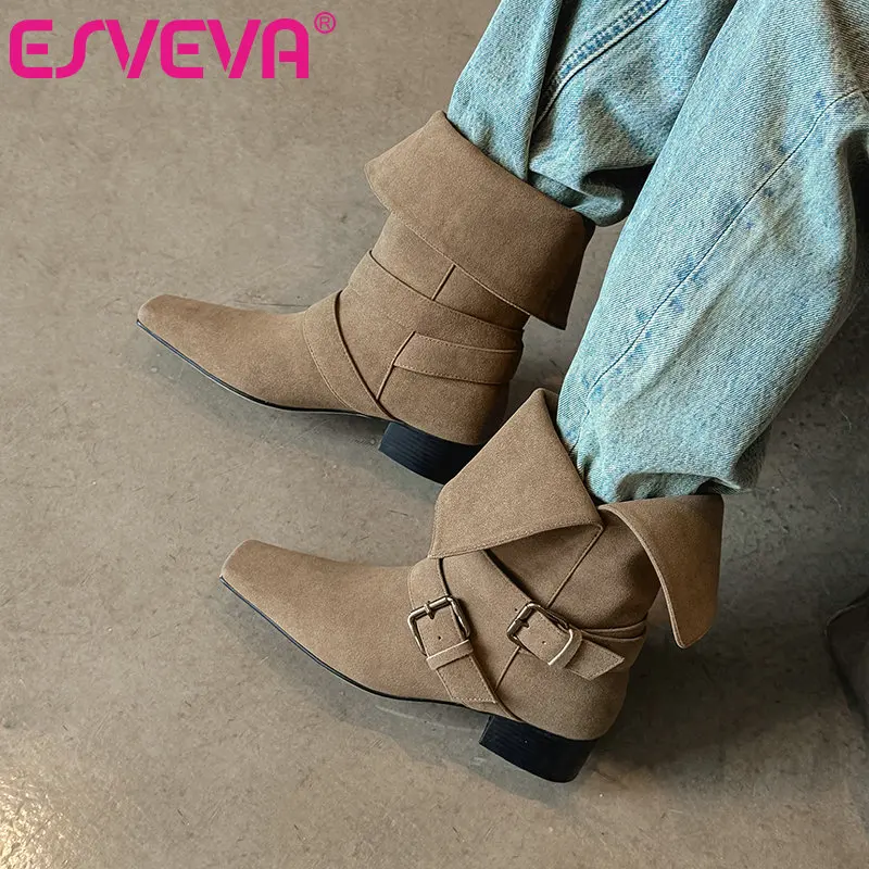 

ESVEVA 2025 Autumn/Winter New French style Square Head Genuine Leather Flip Half Barrel Fashion Women's Boots, Size: 34-41